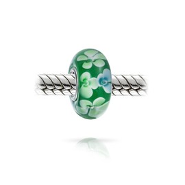 Murano Glass .925 Sterling Silver Core Floral Green White Flower Spacer Charm Bead Fits European Bracelet For Women Teen