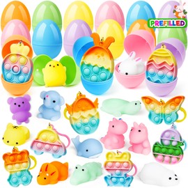 24 Pcs Prefilled Easter Eggs with Assorted Toys, Filled with Squishy Toys and Pop Bubble Keychains, Easter Eggs Filled for Kids to Egg Hunt, Basket Stuffers Filler and Classroom Prize Supplies