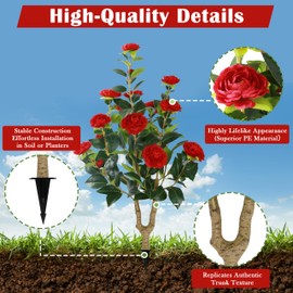 Sunnyglade 2 Packs 35.5" Artificial Camellia Tree, Faux Red Camellia Flowers Plant with Spike, Fake Greenery Tree for Spring Home Front Door Outdoor Indoor Decoration (Red)