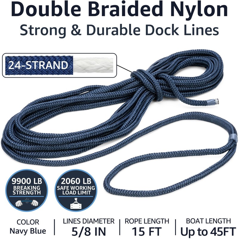 PACTHSD Double Braid 5/8" x 15' Boat Dock Lines (2-Pack)
