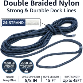 PACTHSD Double Braid 5/8" x 15' Boat Dock Lines (2-Pack) – Nylon Boat Ropes for Docking with 15" Spliced Eye – Heavy Duty Marine Rope – Soft & Durable Boat Lines for Pontoon and Light Boat (Navy Blue)