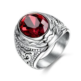 MASOP Statement Stainless Steel Jewelry Ring with Red Ruby Garnet Color Stone