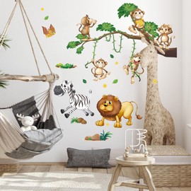 Nursery Wall Stickers, Jungle Animals Tree Wall Decals Jungle Wall Stickers for Bedrooms for Girls Safari Wall Stickers for Bedrooms Wall Stickers for Bedrooms for Boys(CH39137AB)