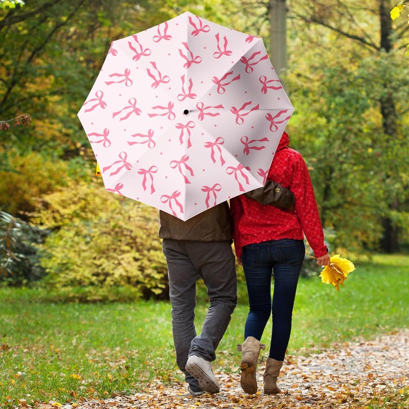 WSZYNDF Pink Bow Pattern Umbrella, Small Travel Compact Automatic Folding