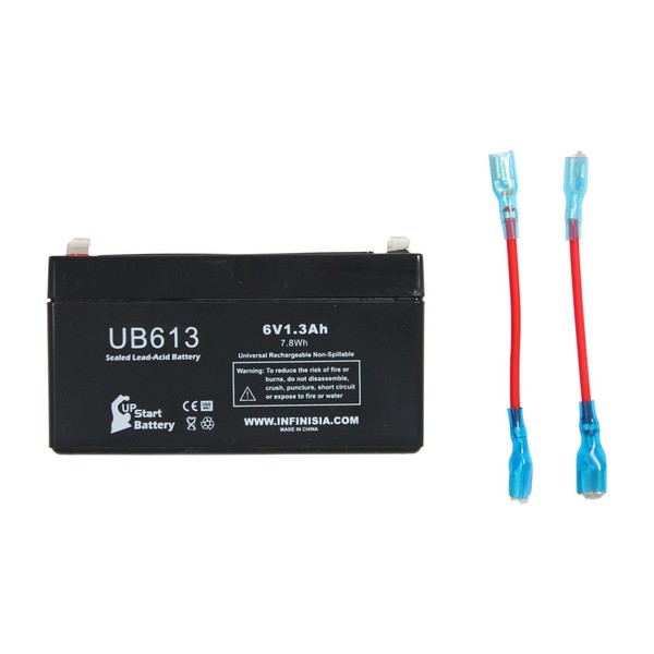 Replacement for General Electric/GE Simon 3 Battery - Replacement UB613 Universal Sealed Lead Acid Battery (6V, 1.3Ah, 1300mAh, F1 Terminal, AGM, SLA) - Includes Two F1 to F2 Terminal Adapters