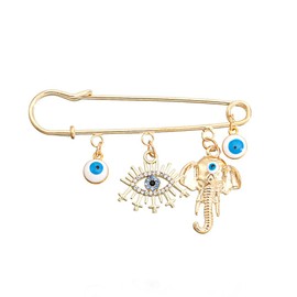 Lucky Charm Evil Eye Brooch Pin Turkish Eye with Long Hanging Tassels Lapel Pin for Women Men Rhinestone Eye Shape Chain Tassels Safty Pin Jewelry for Wedding Party (evil+elephant)