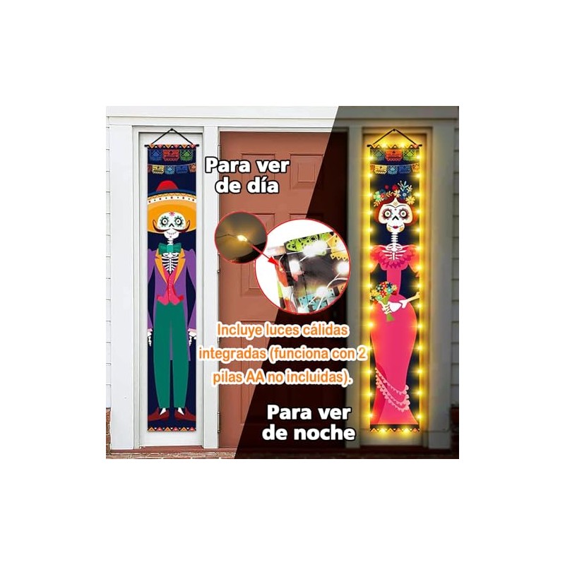 JUGLUTE Banderas de Día de Muertos con Luces, 2 Piezas