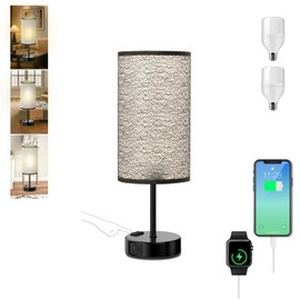 Table Lamp for Bedroom with Touch Control,Bedside Lamp with USB C+A Charging Ports& AC Outlets, Adjustable 3color LED Light for Home Decor/Nightstand/Bedroom/Office,Included Bulb and Fabric Lamp Shade