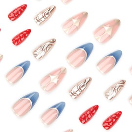 Press On Nails With Glue on 24PCS for Women and Girls, Stick on Nails，Almond Medium Shape Glue on Nails Fake False Nails, (Red Blue Pattern, Almond)