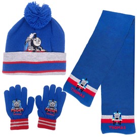 NVKRLFYD 3-Piece Hat, Scarf and Gloves Set for Children, Winter Hat, Scarf and Gloves Set for Boys, Round Scarf with Train Pattern Set for Winter Hat, Winter Children's Set, Winter Gift Set, blue