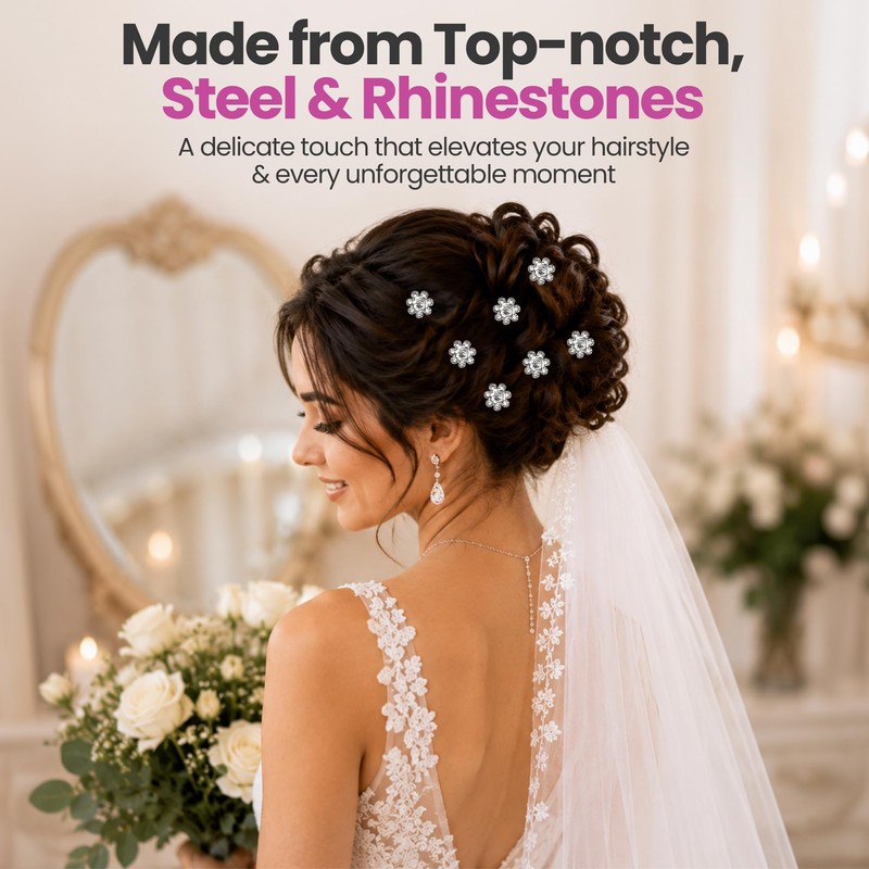 WedDecor Silver Rose Flower Crystal Rhinestone Hair Pins, Pack of