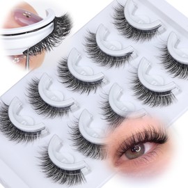 Self Adhesive Eyelashes Natural Self Adhesive False Eyelashes No Glue Needed Strip Self Adhesive Lashes Cat Eye Wispy Pre-Glue Reusable Fake Eyelashes 5 Pairs