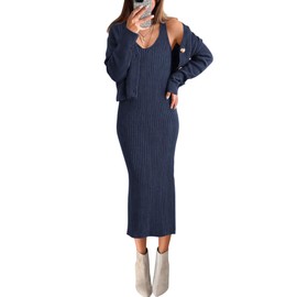 BTFBM Women Fall Knit Sweater Dress Set Bodycon Slit Midi Dresses Button Down Long Sleeve Cropped Cardigan 2 Piece Sets(Navy, Medium)