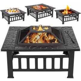 Outdoor 32" Metal Firepit Backyard Patio Garden Square Stove Fire Pit Mesh Cover
