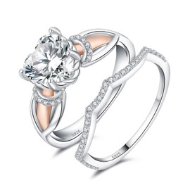 JewelryPalace Infinity Love Heart 3ct Cubic Zirconia Solitaire Engagement Rings for Women, 14k White Rose Gold Plated 925 Sterling Silver Promise Rings for Her, Wedding band Bridal SetsP
