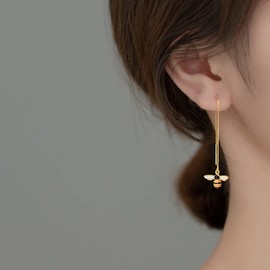 Cute Bee Threader Tassel Chain Dangle Earrings Sterling Silver 925 Goldtone Plated Dainty Honey Bee Long Chain Dangling Charm Drop Hoop Stud Earring Minimalist Jewelry Gifts for Women Sensitive Ears