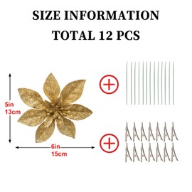 12 PCS Poinsettia Flowers Christmas Decorations, with Clips Stems for Christmas Tree Ornaments, Xmas Party Wreath Wedding Decorations, Gold