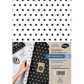 Weihnachtsgeschenkpapier-Set: Sterne (schwarz/ weiß): 4x Einzelbögen + 4x Geschenkanhänger