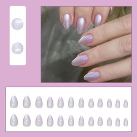 MouyouGlow Press on Nails Kurz,Almond Fantasy Lila Einfarbige Cat Eye Magnetic Mandel Fake Nails mit Nagelkleber,Purple Phototherapy Sommer INS Künstliche Fingernägel für Frauen & Mädchen