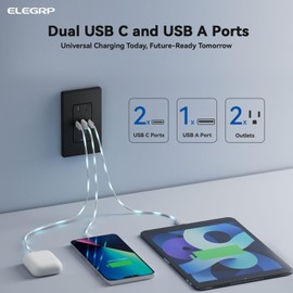 ELEGRP USB Outlets, 30W 6.0 Amp USB C Outlets Receptacles, 3-Port USB Wall Outlet, 15 Amp Tamper-Resistant Outlet with 2 USB C Ports, UL Listed, Screwless Wall Plate Included, 10 Pack, Matte Black