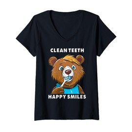 Womens Funny Bear Dentist Comic Children's Toothbrush Teeth Cleaning V-Neck T-Shirt