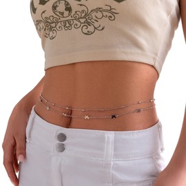 2Pcs Simple Metal Bikini Thin Beads Waist Chain Double Layers Heart Star Thin Belly Chain Summer Beach Beaded Waist Body Chain Jewelry for Women (Butterfly-silver)