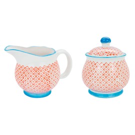 Patterned Milk Jug 300ml & Sugar Pot/Bowl Set - Orange/Blue Print