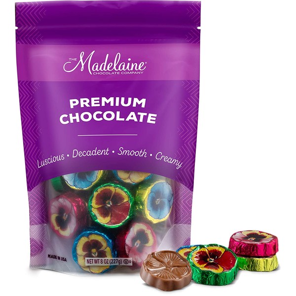 Madelaine Solid Premium Milk Chocolate Pansy Flowers Wrapped In Assorted Colors Of Italian Foil (1/2 LB)