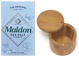 Bamboo Salt Box Cellar Canister Gift Set With Maldon Sea Salt Flakes 8.5 Oz Box - Great For Salts, Spices, Seasonings In Your Gourmet Kitchen By NORTHWARD SPIRIT