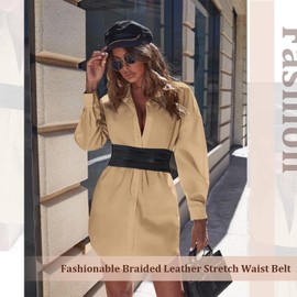 SUOSDEY Wide Leather Belt for Women, Elastic Braided Belt for Dresses, Fashionable Stretch Waist Belt, A-Black