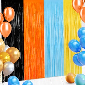 Breling 2 Pack 3. 3x6. 6ft Dog Cartoon Man Birthday Party Supplies Backdrop Decorations Yellow Light Blue and Orange Black Foil Fringe Curtain Cartoon Men Hero Dog Themed Foil Tinsel Photo Booth Prop