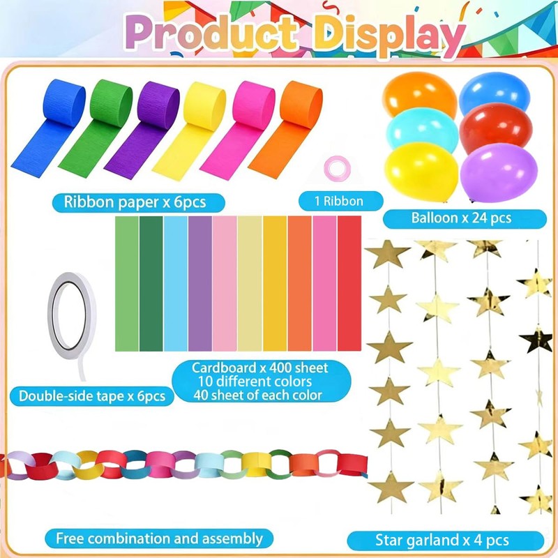 Rainbow Paper Chain Garland Party Decorations Include 400 Sheet Paper