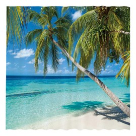 Allenjoy 72x72 inch Summer Seaside Shower Curtain Tropical Paradise Beach Blue Sky Palm Tree Decor Home Bathroom Bathtub Curtains Durable Washable Fabric (Hooks Not Included)