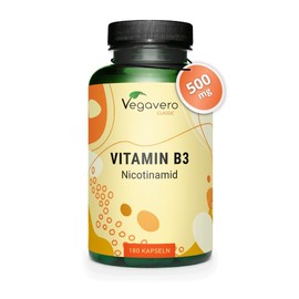 Vegavero Vitamin B3 Niacin | Hochdosiert: 500 mg Nicotinamid | 180 Kapseln - 6 Monatsvorrat | Haut - Nerven - Energie* | Flushfree | Laborgeprüft | Vegan - Ohne Zusatzstoffe | Deutsche Produktion von Vegavero®