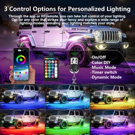 16 Pods RGB LED Rock Lights with Extension Wires, Waterproof Multicolor Underglow Kit for Trucks Trailer Offroad Pickup RV UTV, Dual Zone Brake Neon Underbody Light with APP/RF Control Music Sync 12V