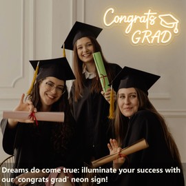 Congrats Grad Neon Sign with Graduation Cap Led Sign, Warm White Grad Neon Light for Wall Decor, Dimmable Congrats Light Up Sign for Class Party Birthday Room Dorm Backdrop Celebration Presents