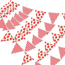 G2PLUS Strawberry Fabric Bunting Banner: 12M Gingham Garden Bunting, 42PCS Red Cotton Pennant, 15x19CM Triangle Garland Banner for Kid's Bedroom, Birthday, Baby Shower, Tea party