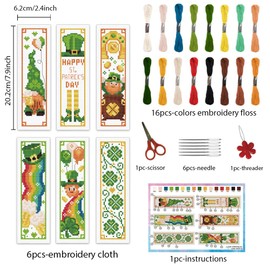 INFUNLY 6PCS St.Patrick's Themed Cross Stitch Bookmark Kit for Adults 8.66"×3.15" Gnome Hat Embroidery Bookmark Kit Rainbow Leaf Clover Counted Cross Stitch Kit with Instruction for Book Lovers Gift