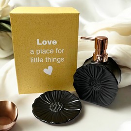 Ceramic Flower Soap Dispenser and Soap Dish Set, Marbled Elegant Bathroom Decor with Non-Slip Base, Modern Hand Wash Bottle & Soap Tray for Bathroom Sink Countertop, Kitchen, Spa (Black)