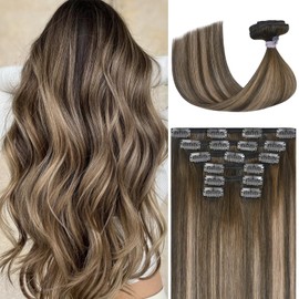 Ukira Mushroom Brown Clip in Hair Extensions Real Human Hair, 16 Inch 120g 7pcs Balayage Hair Extensions Real Human Hair, Natural Straight Remy Human Hair Clip in Extensions for Women