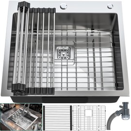 YITAHOME Drop In Kitchen RV Sink 25 in Top mount 304 Stainless Steel Single Bowl Sink with Accessories for Workstation, Bar Sinks 25 x 22 x 10 Inch