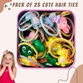 Hair Bobbles for Girls in a Metal Box, Small Hair Ties, Kids Hair Accessories, Thin Hair Bands, Elastic Hair Bands with Cute Cartoon Figures (25 Pieces Crystal Animals with Metal Box)
