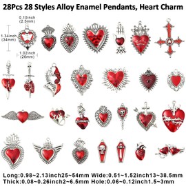 Stiesy 28Pcs Mixed Styles Gothic Heart Charms Red Heart with Sword Crown Enamel Charm Pendant Antique Silver Cross Sacred Heart Metal Charms for Jewellery Making Bracelet Crafting Necklaces Present