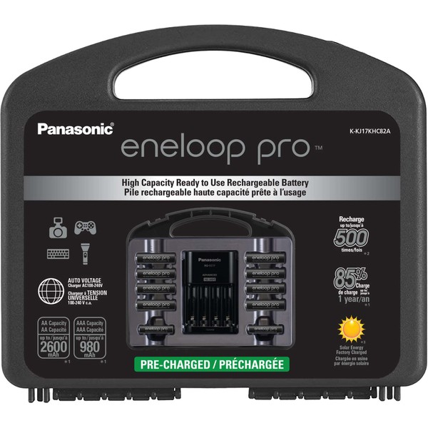 Panasonic K-KJ17KHC82A eneloop pro High Capacity Power Pack, 8AA, 2AAA, with "Advanced" Individual Battery Charger and Plastic Storage Case
