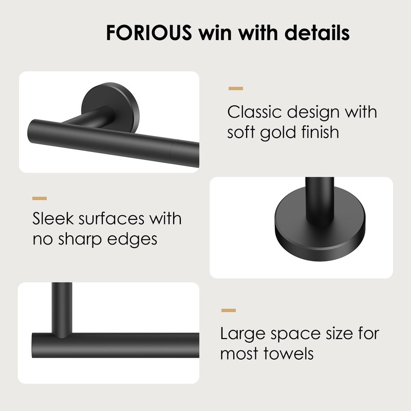 FORIOUS Black Towel Bar for Bathroom Wall, 24 Inch Stainless