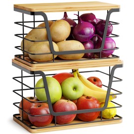 ALOCEO 2 Pack Large Garbage Bag Dispenser for 13/30/33 Gallon Bags, Potato and Onion Storage Baskets with Bamboo Lid, Stainless Steel Stackable Storage Bins for Kitchen Laundry Pantry Room