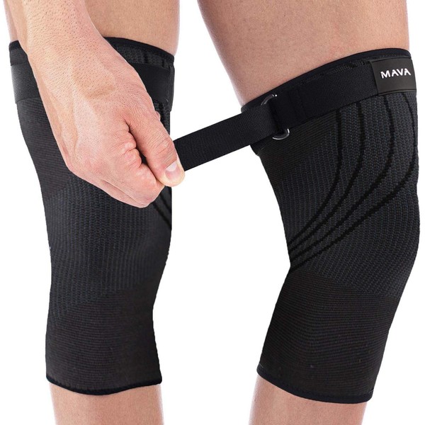 Mava Sports Compression Knee Sleeve (Pair) With Adjustable Strap -DOES NOT ROLL DOWN- Knee Brace Support for Weightlifting, Workout, Running, Joint Pain & Arthritis, Hiking, Unisex, Black, M