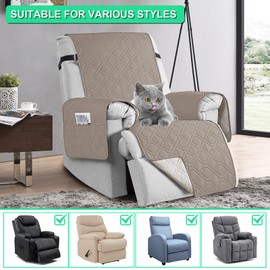 QQJIN 100% Waterproof Recliner Chair Cover with Pockets, Elastic Strap, Non-Slip Recliner Armchairs Covers, 1 Seat Anti-fouling Recliner Cover for Kids, Dogs, Pets,Taupe,1 Seater