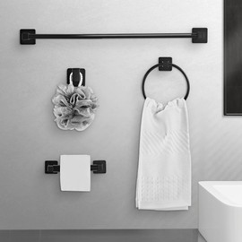 Matte Black Bathroom Hardware Set 4 Pieces,Towel Bar Set Stainless Steel Wall Mounted, Includes 16In Hand Towel Bar, Towel Ring, Robe Towel Hooks,Toilet Paper Holder, Bathroom Towel Rack Set