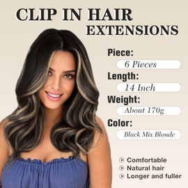 NAYOO Clip in Hair Extensions for Women 14 Inch Short Wavy Curly Black Mix Blonde Hair Extension Full Head Synthetic Hair Extension Hairpieces (6PCS, Black Mix Blonde)